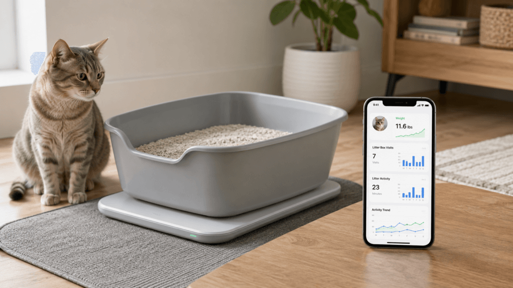 A regular cat litter box on a smart monitoring platform with an app showing weight and litter box activity data