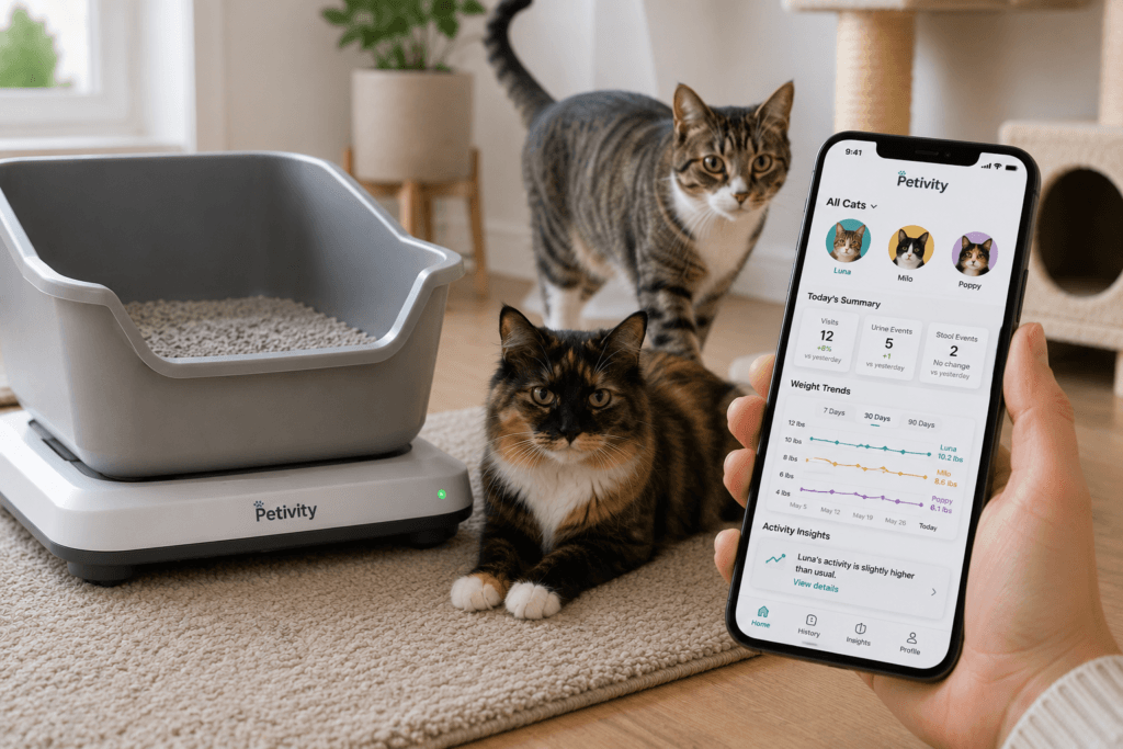 Two cats near a regular litter box while a phone displays cat weight and litter routine trends