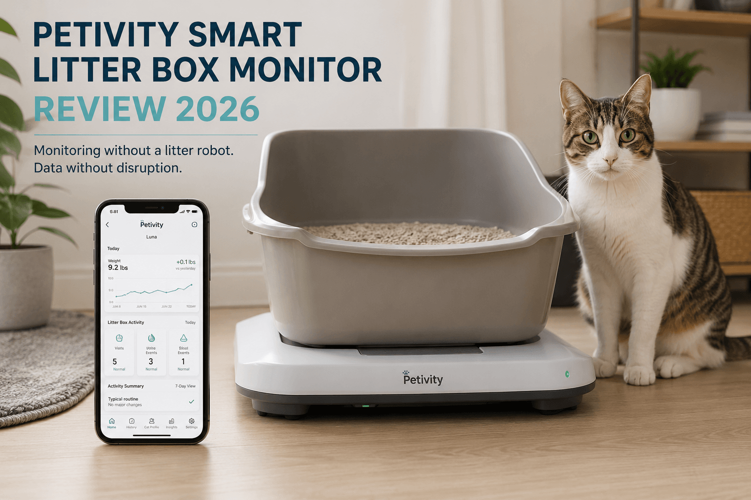 Petivity Smart Litter Box Monitor style device under a regular cat litter box in a clean modern home