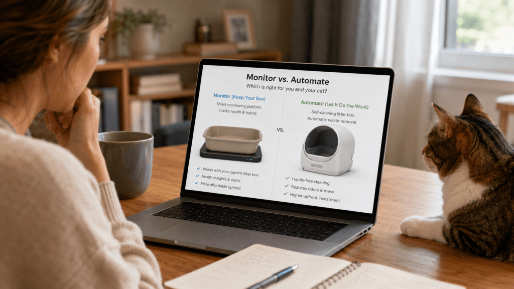 A cat owner comparing a regular litter box monitor and a self-cleaning litter robot on a laptop