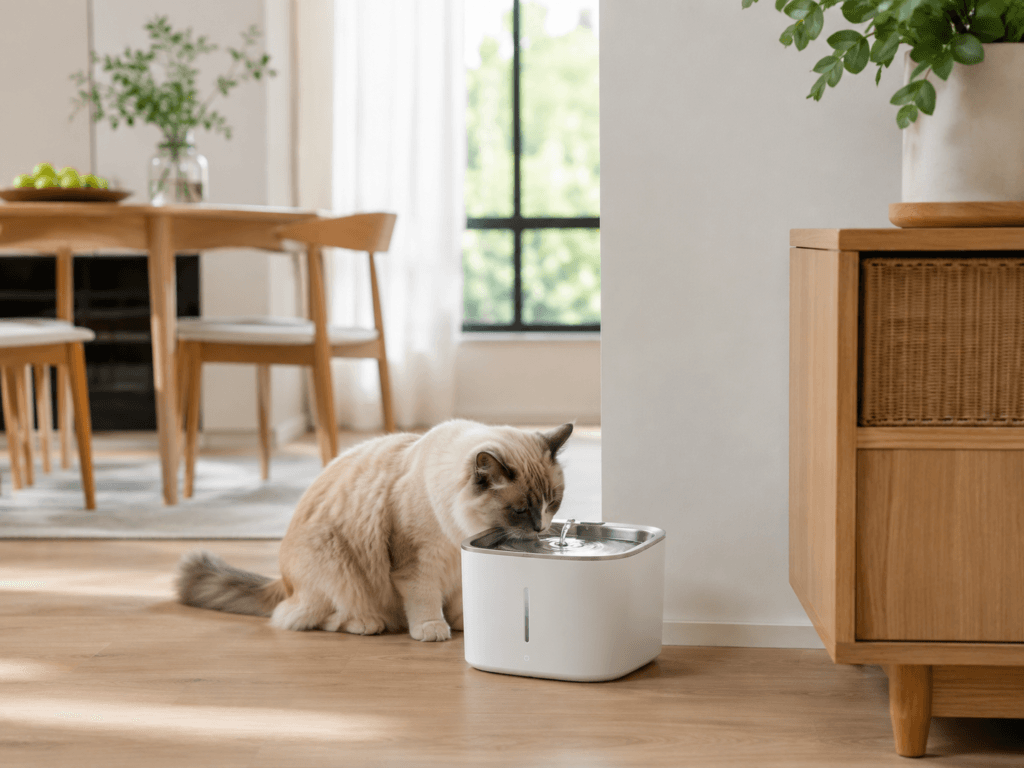 Cordless PETKIT EverSweet Max 2 positioned away from electrical outlets in a cat feeding area.