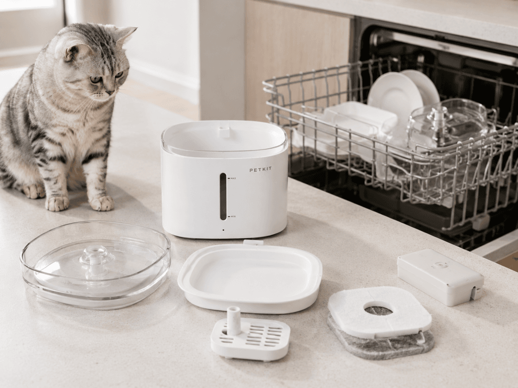 PETKIT EverSweet Max 2 disassembled to show dishwasher-safe fountain components.