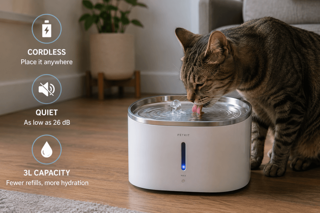 PETKIT app displaying cat drinking frequency and visit duration from an EverSweet Max 2 fountain.