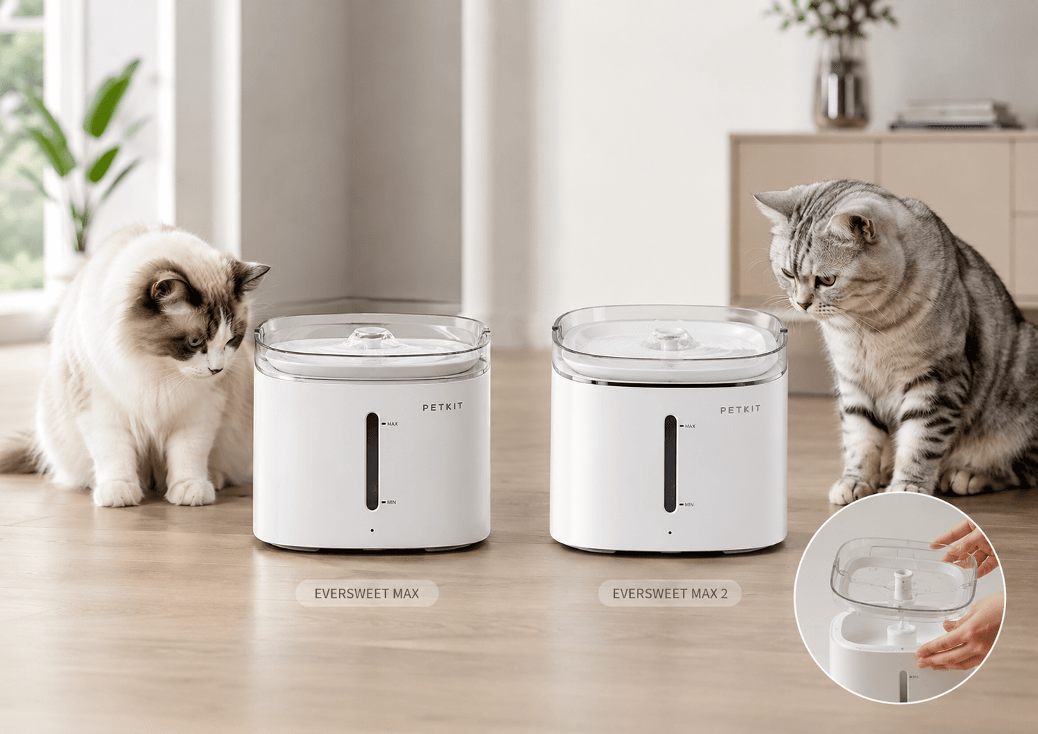PETKIT EverSweet Max and EverSweet Max 2 cordless cat water fountains compared side by side.