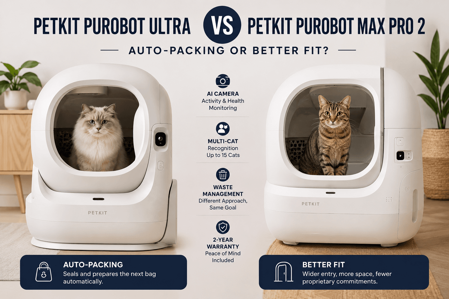 PETKIT Purobot Ultra and Purobot Max Pro 2 automatic litter boxes compared side by side.