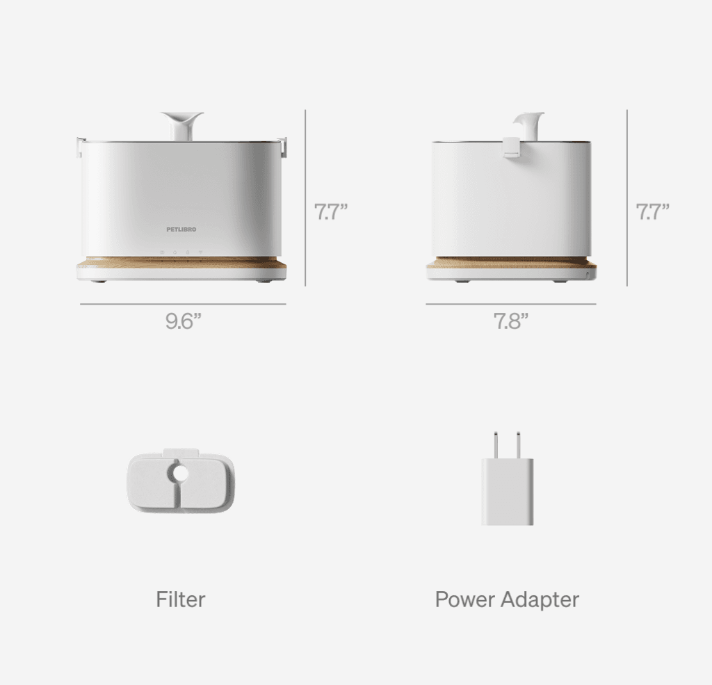 PETLIBRO Dockstream 2 smart cat water fountain dimensions with filter and power adapter shown below