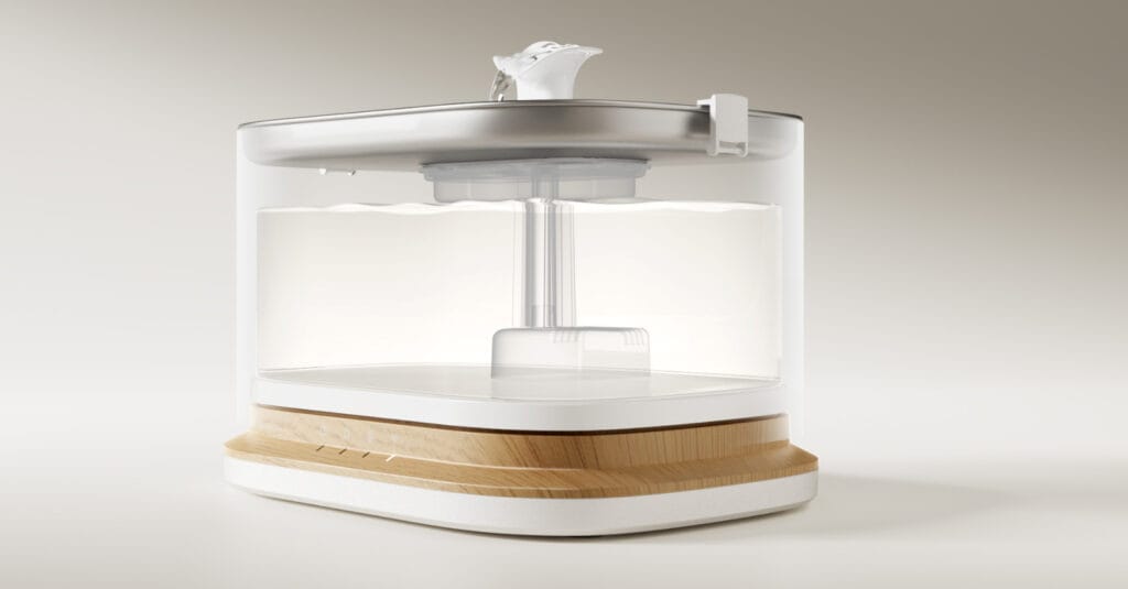 PETLIBRO Dockstream 2 smart cat water fountain showing the transparent water tank, stainless steel tray and flowing water outlet