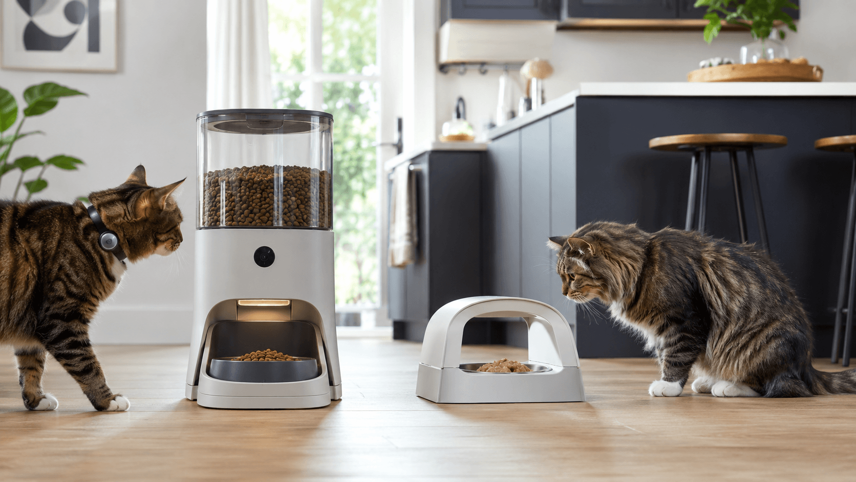 Automatic RFID dry-food feeder compared with a microchip-controlled wet-food bowl.