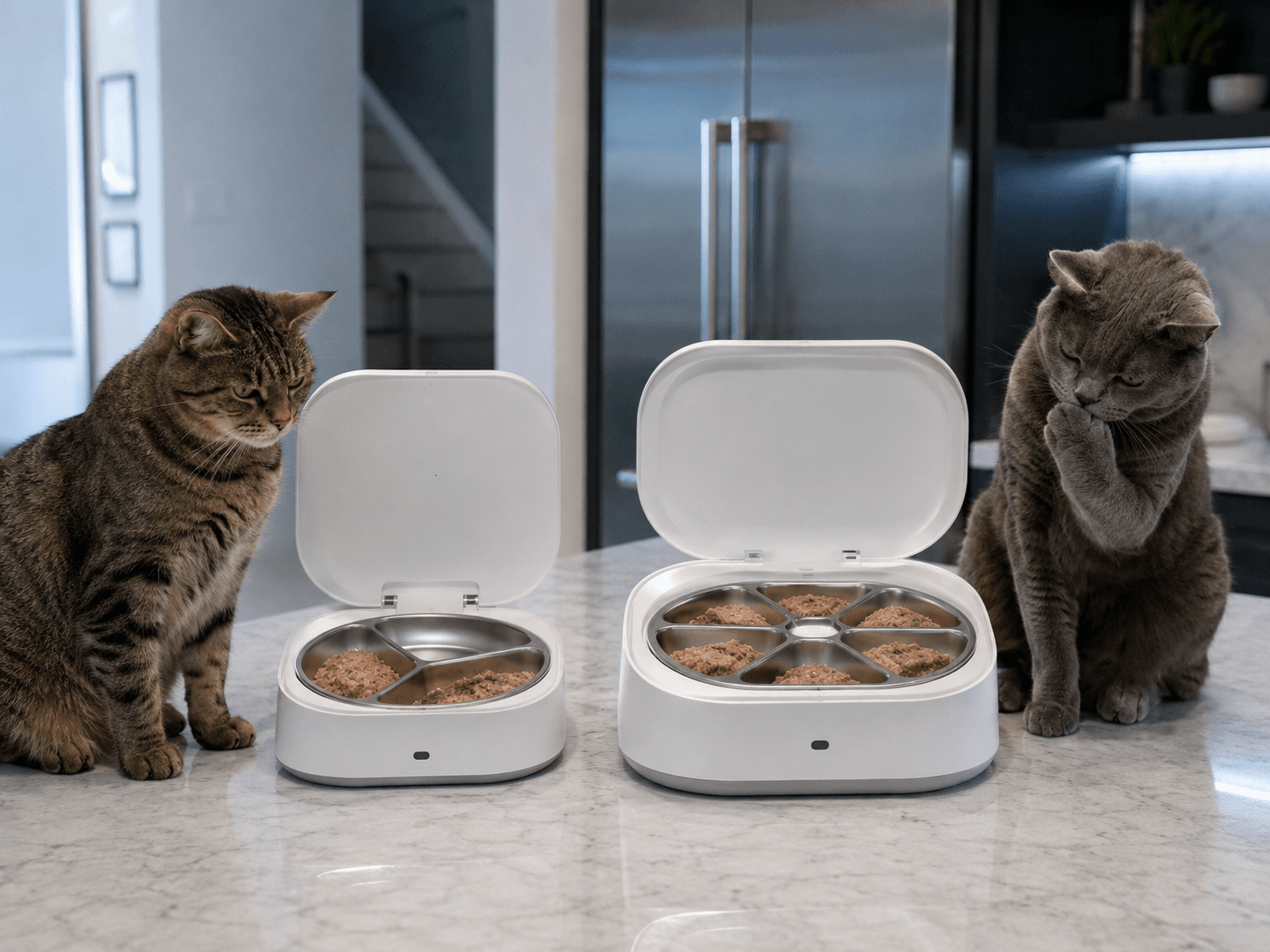 Three-meal refrigerated cat feeder compared with a six-meal wet food feeder.