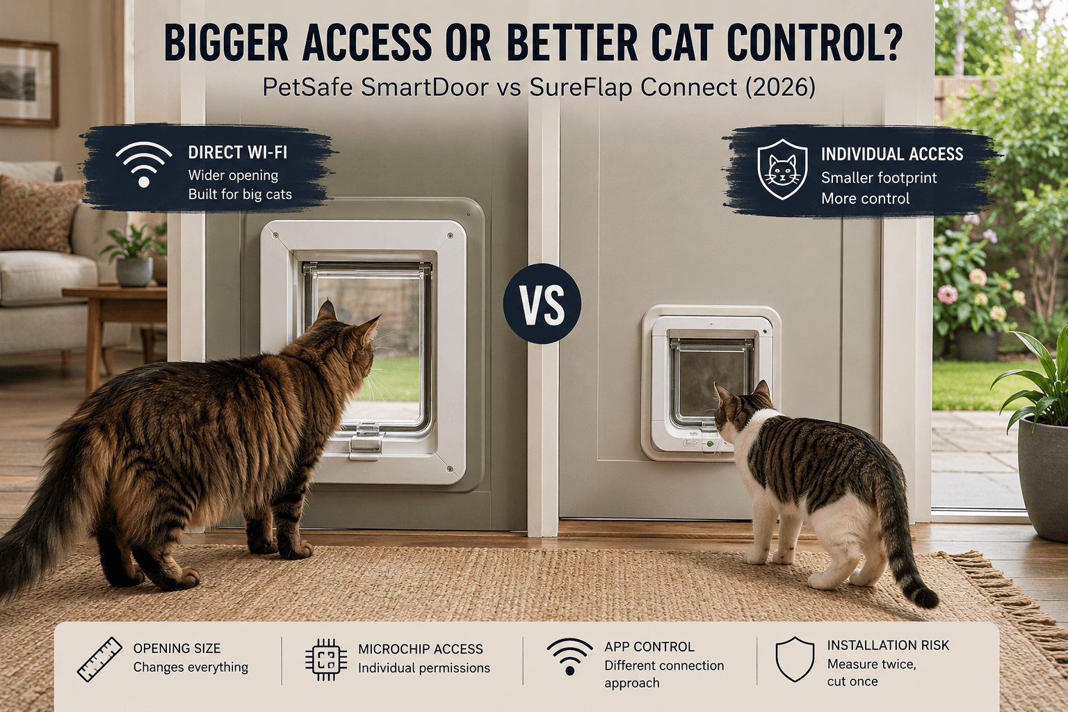 Large and compact smart cat doors compared in a modern home with two cats.