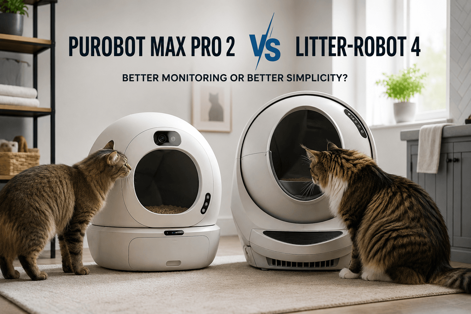 Two different automatic litter box designs compared in a modern multi-cat home.