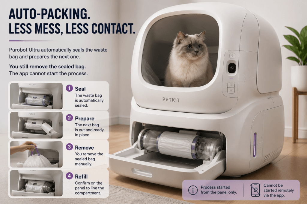 PETKIT Purobot Ultra automatic waste bag sealing system.