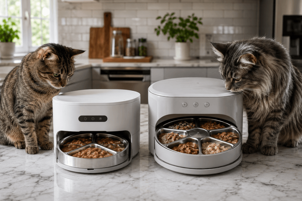 Stainless-steel cat feeder trays being cleaned beside a refrigerated feeding base.