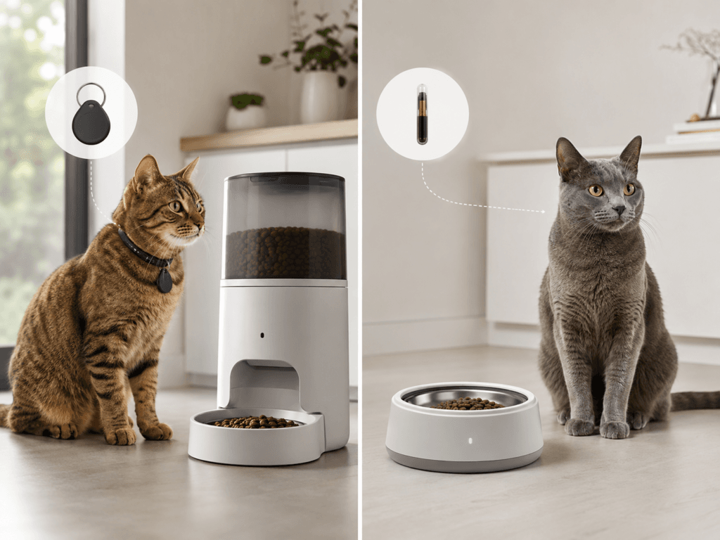 Cat collar RFID tag compared with implanted microchip feeder access.