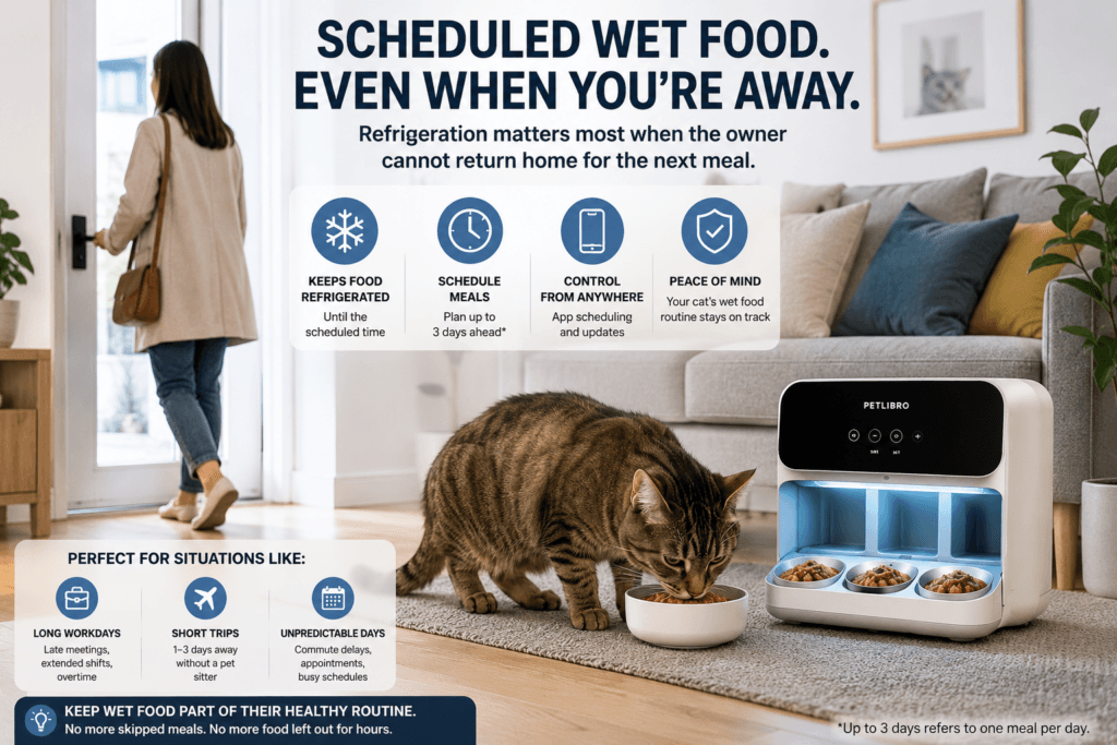 Cat wet food scheduled in a refrigerated feeder while the owner is away