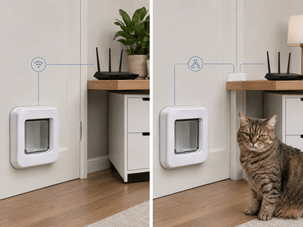 Smart cat door connected directly to Wi-Fi compared with another system using a router Hub.