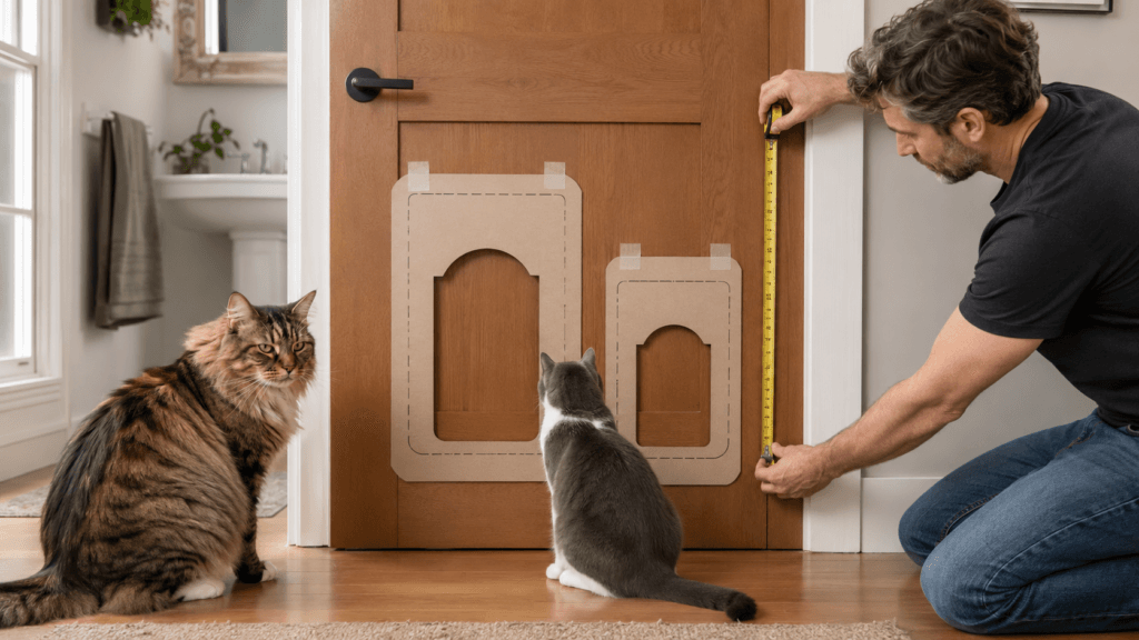 Large cat comparing wide and compact smart cat door openings before installation.