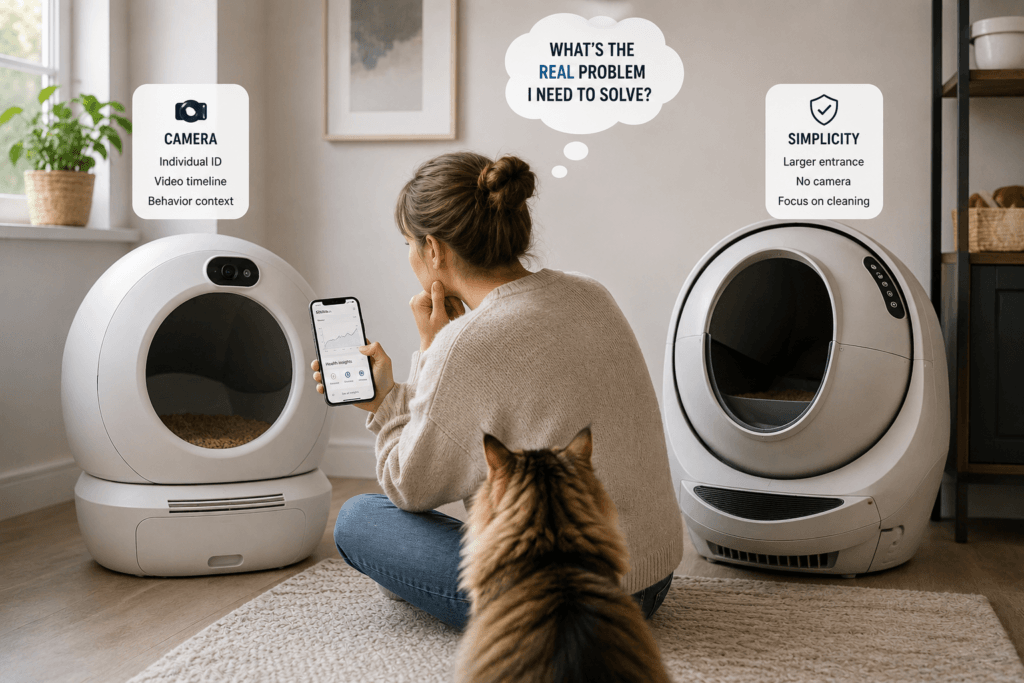 Owner comparing a camera-equipped litter box with a simpler camera-free automatic model.