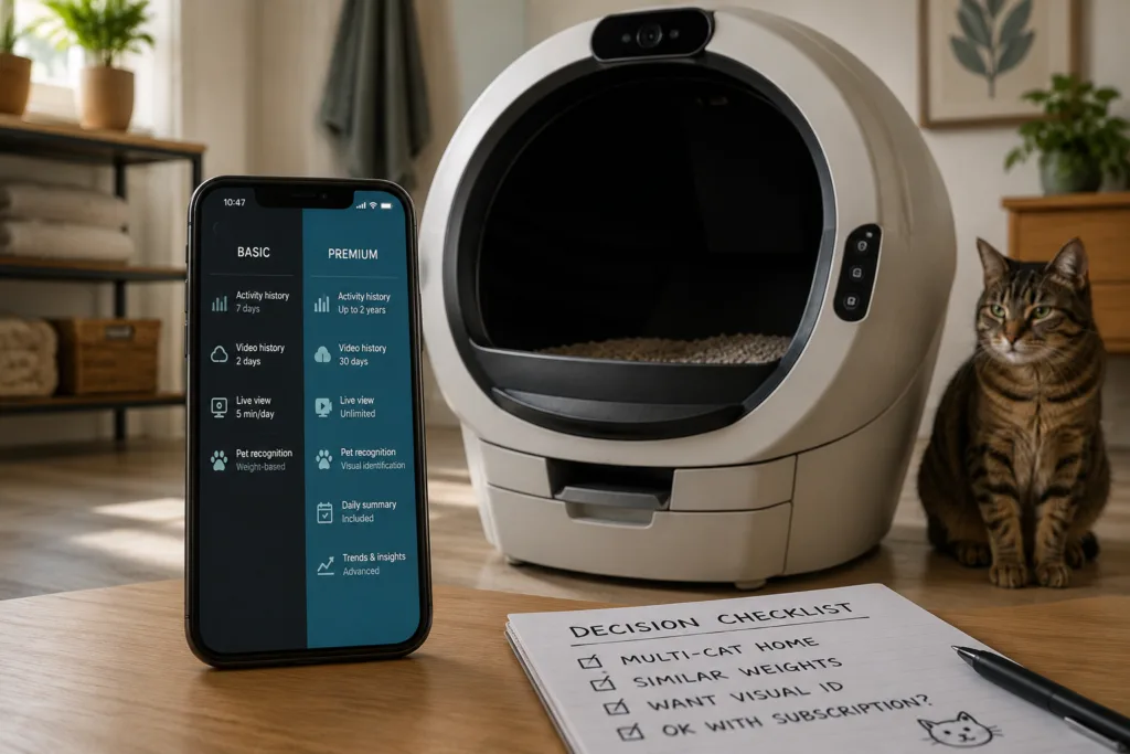 Smartphone showing basic and premium monitoring features beside an automatic litter box.