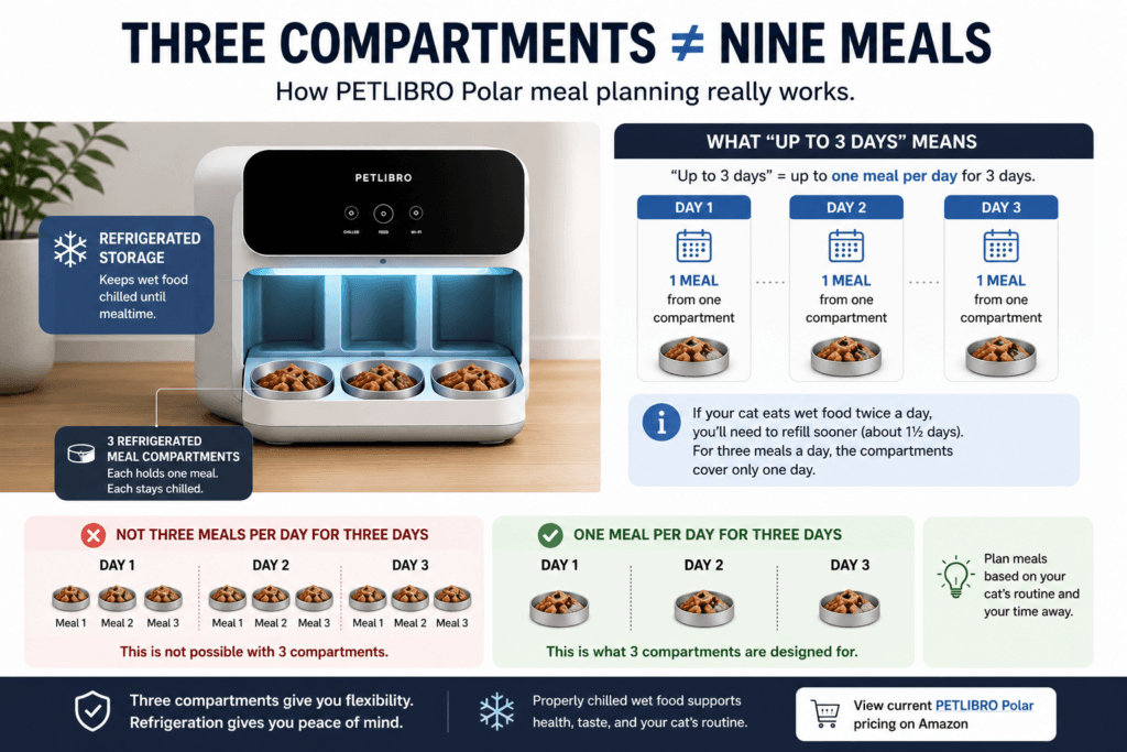 Three refrigerated wet food compartments showing one meal per day for three days