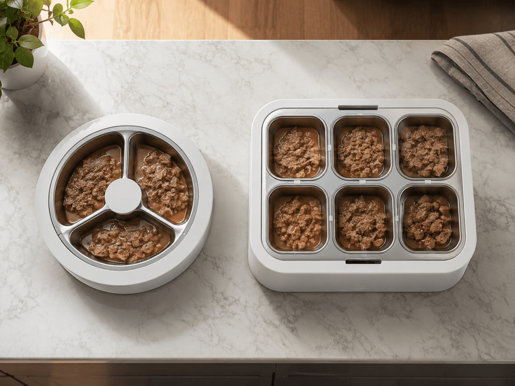 Three-compartment and six-compartment refrigerated cat feeders compared.